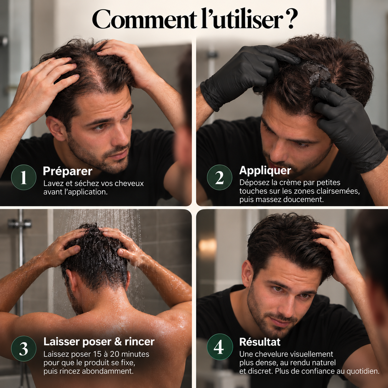 Guide illustré d’utilisation OMBREVEAL en quatre étapes, généré par IA